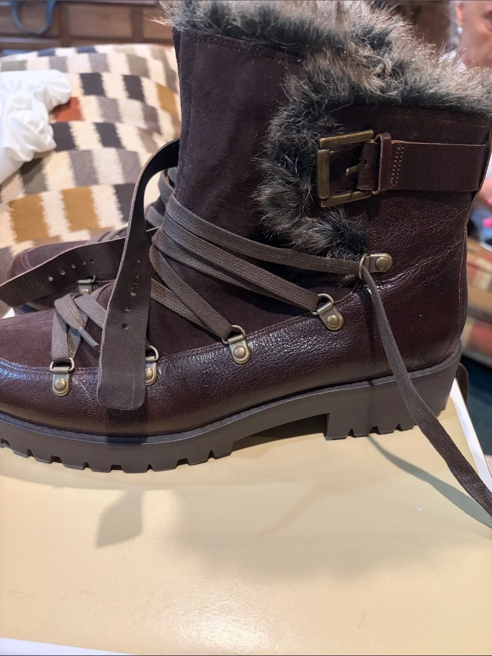 Source Unknown Brown Faux-Fur Trim Lace-Up Winter Boots